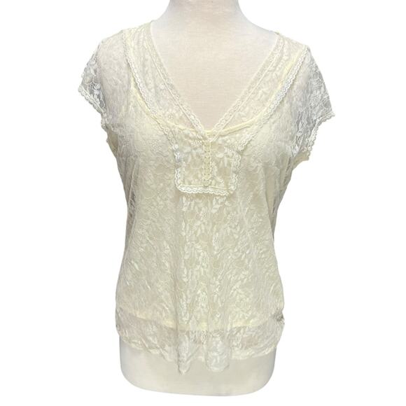 Y2K Women Lace Top Sz M Sheer Ivory Coquette Fairy Femme Whimsigoth Boho Strappy - Picture 3 of 9
